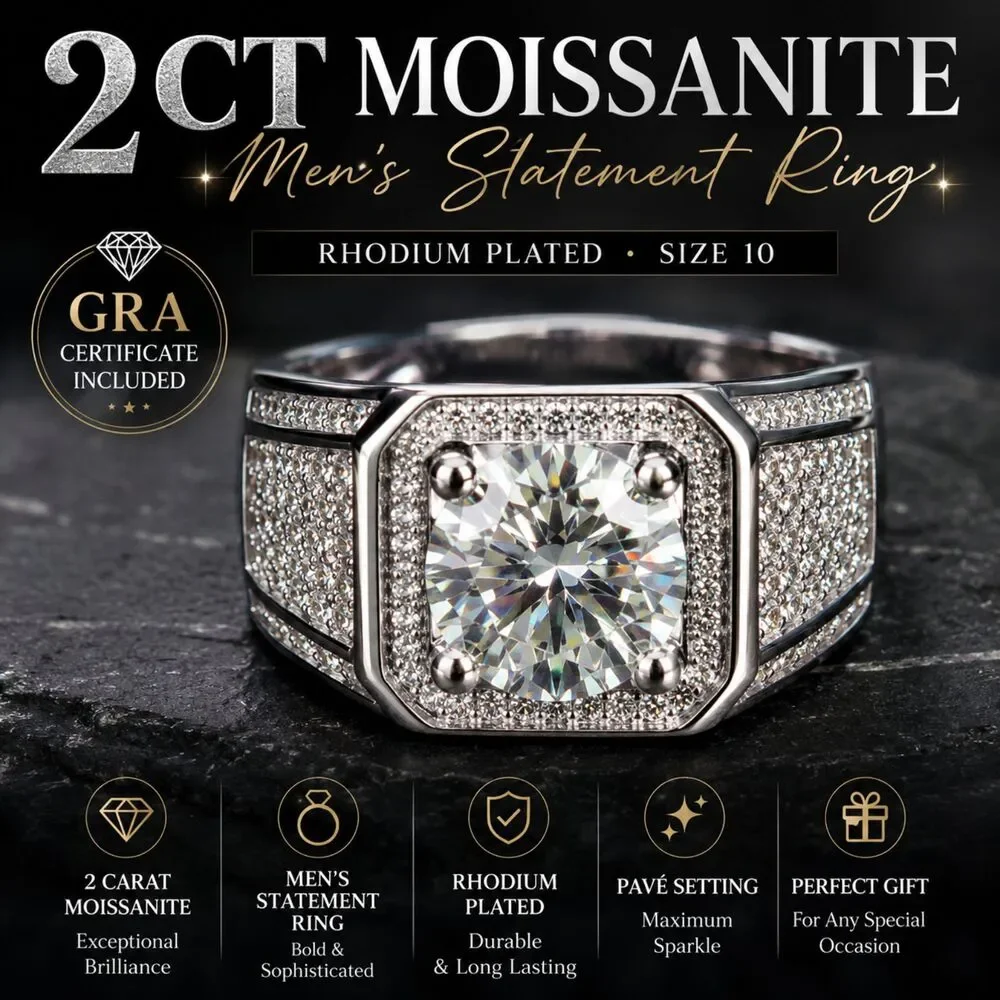 2 CT Moissanite Men’s Ring Size 10 Rhodium Plated GRA Certified